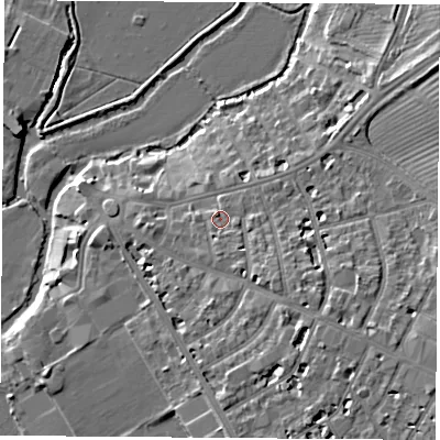 Shaded relief map of the ground around OX41LE, computed from Environment Agency LiDAR. The ground here sits at about 61 m above sea level and falls 12 m across the surrounding 800 m. Surface water reaching this point runs off ground lying to the south-south-east, 1.9 m higher.