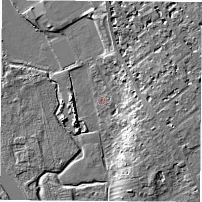 Shaded relief map of the ground around OX41SA, computed from Environment Agency LiDAR. The ground here sits at about 56 m above sea level and falls 12 m across the surrounding 800 m. Surface water reaching this point runs off ground lying to the east-north-east, 1.4 m higher.