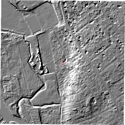 Shaded relief map of the ground around OX41SN, computed from Environment Agency LiDAR. The ground here sits at about 56 m above sea level and falls 12 m across the surrounding 800 m. Surface water reaching this point runs off ground lying to the east-south-east, 8.6 m higher.
