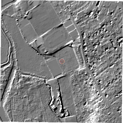 Shaded relief map of the ground around OX41SR, computed from Environment Agency LiDAR. The ground here sits at about 56 m above sea level and falls 11 m across the surrounding 800 m. Surface water reaching this point runs off ground lying to the north-east, 5.3 m higher.