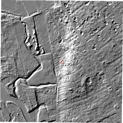 Shaded relief map of the ground around OX41SS, computed from Environment Agency LiDAR. The ground here sits at about 56 m above sea level and falls 12 m across the surrounding 800 m. Surface water reaching this point runs off ground lying to the east-south-east, 8.8 m higher.