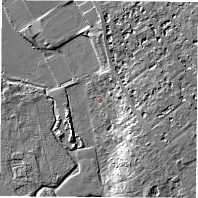 Shaded relief map of the ground around OX41SW, computed from Environment Agency LiDAR. The ground here sits at about 57 m above sea level and falls 12 m across the surrounding 800 m. Surface water reaching this point runs off ground lying to the east-south-east, 7.4 m higher.