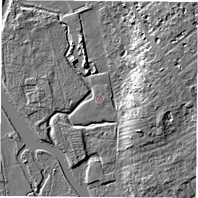 Shaded relief map of the ground around OX41TJ, computed from Environment Agency LiDAR. The ground here sits at about 56 m above sea level and falls 11 m across the surrounding 800 m. The ground contributing surface water to this point lies to the south.