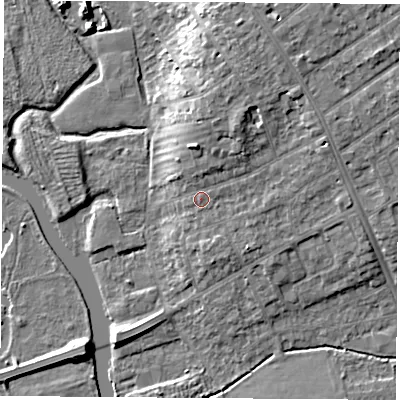Shaded relief map of the ground around OX41TQ, computed from Environment Agency LiDAR. The ground here sits at about 60 m above sea level and falls 11 m across the surrounding 800 m. Surface water reaching this point runs off ground lying to the north-north-east, 4.9 m higher.
