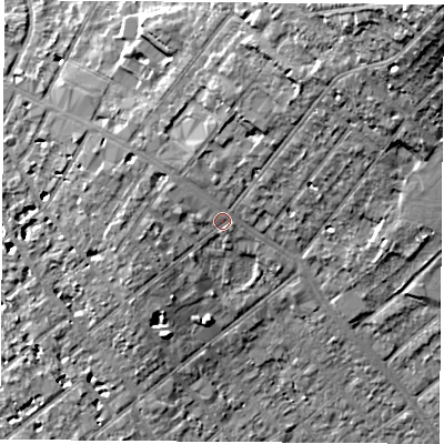 Shaded relief map of the ground around OX41UH, computed from Environment Agency LiDAR. The ground here sits at about 66 m above sea level and falls 28 m across the surrounding 800 m. Surface water reaching this point runs off ground lying to the north-east, 22.7 m higher.