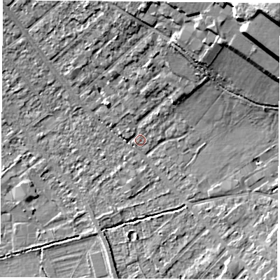 Shaded relief map of the ground around OX42DL, computed from Environment Agency LiDAR. The ground here sits at about 61 m above sea level and falls 27 m across the surrounding 800 m. Surface water reaching this point runs off ground lying to the north-east, 24.0 m higher.