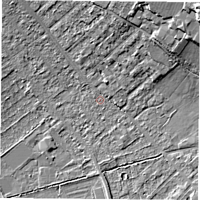 Shaded relief map of the ground around OX42DW, computed from Environment Agency LiDAR. The ground here sits at about 60 m above sea level and falls 20 m across the surrounding 800 m. Surface water reaching this point runs off ground lying to the north-east, 14.2 m higher.