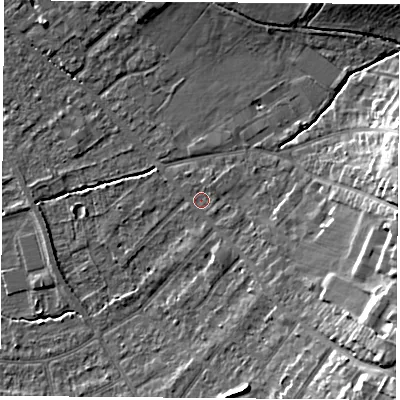 Shaded relief map of the ground around OX42EN, computed from Environment Agency LiDAR. The ground here sits at about 61 m above sea level and falls 17 m across the surrounding 800 m. Surface water reaching this point runs off ground lying to the south-east, 12.5 m higher.