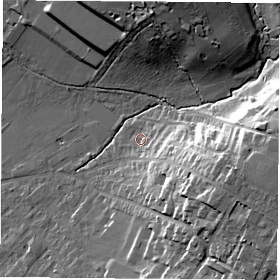 Shaded relief map of the ground around OX42GW, computed from Environment Agency LiDAR. The ground here sits at about 65 m above sea level and falls 27 m across the surrounding 800 m. Surface water reaching this point runs off ground lying to the east-south-east, 20.8 m higher.