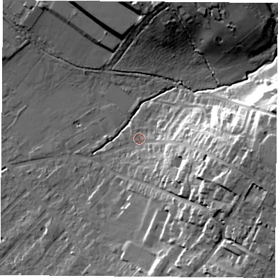 Shaded relief map of the ground around OX42NZ, computed from Environment Agency LiDAR. The ground here sits at about 64 m above sea level and falls 27 m across the surrounding 800 m. Surface water reaching this point runs off ground lying to the east, 22.9 m higher.