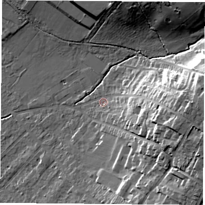 Shaded relief map of the ground around OX42PB, computed from Environment Agency LiDAR. The ground here sits at about 64 m above sea level and falls 28 m across the surrounding 800 m. Surface water reaching this point runs off ground lying to the east, 23.5 m higher.