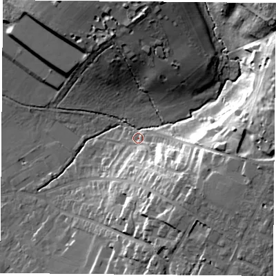 Shaded relief map of the ground around OX42PQ, computed from Environment Agency LiDAR. The ground here sits at about 67 m above sea level and falls 28 m across the surrounding 800 m. Surface water reaching this point runs off ground lying to the east, 24.1 m higher.