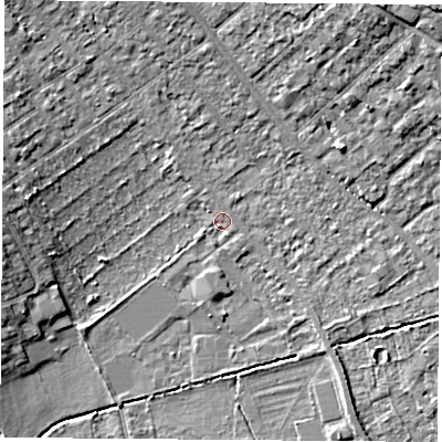 Shaded relief map of the ground around OX43DJ, computed from Environment Agency LiDAR. The ground here sits at about 59 m above sea level and falls 13 m across the surrounding 800 m. Surface water reaching this point runs off ground lying to the north, 4.3 m higher.