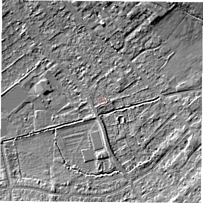 Shaded relief map of the ground around OX43DT, computed from Environment Agency LiDAR. The ground here sits at about 60 m above sea level and falls 11 m across the surrounding 800 m. Surface water reaching this point runs off ground lying to the east, 0.9 m higher.