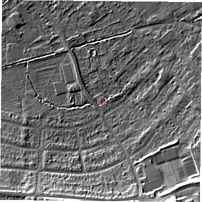 Shaded relief map of the ground around OX43DY, computed from Environment Agency LiDAR. The ground here sits at about 59 m above sea level and falls 15 m across the surrounding 800 m. Surface water reaching this point runs off ground lying to the north-east, 4.0 m higher.