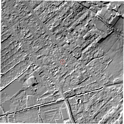 Shaded relief map of the ground around OX43ED, computed from Environment Agency LiDAR. The ground here sits at about 60 m above sea level and falls 15 m across the surrounding 800 m. Surface water reaching this point runs off ground lying to the north-east, 12.2 m higher.