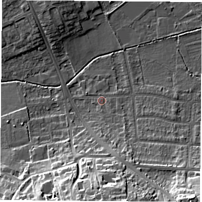 Shaded relief map of the ground around OX43NH, computed from Environment Agency LiDAR. The ground here sits at about 58 m above sea level and falls 24 m across the surrounding 800 m. Surface water reaching this point runs off ground lying to the south-south-east, 8.1 m higher.