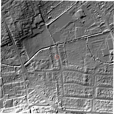 Shaded relief map of the ground around OX43NS, computed from Environment Agency LiDAR. The ground here sits at about 58 m above sea level and falls 15 m across the surrounding 800 m. Surface water reaching this point runs off ground lying to the south, 9.6 m higher.