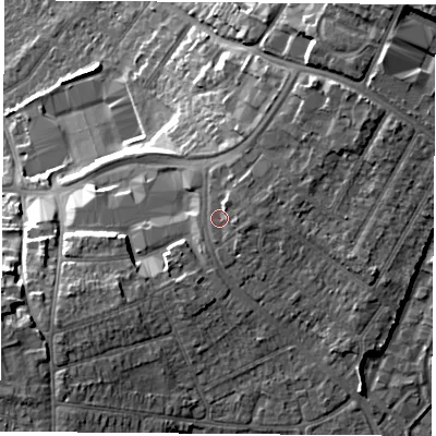 Shaded relief map of the ground around OX43RQ, computed from Environment Agency LiDAR. The ground here sits at about 74 m above sea level and falls 22 m across the surrounding 800 m. Surface water reaching this point runs off ground lying to the east, 1.4 m higher.