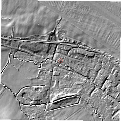 Shaded relief map of the ground around OX447BS, computed from Environment Agency LiDAR. The ground here sits at about 65 m above sea level and falls 10 m across the surrounding 800 m. The ground contributing surface water to this point lies to the north-east.