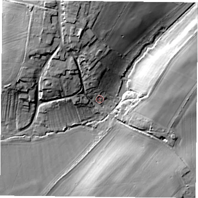 Shaded relief map of the ground around OX447QE, computed from Environment Agency LiDAR. The ground here sits at about 60 m above sea level and falls 22 m across the surrounding 800 m. Surface water reaching this point runs off ground lying to the north-north-west, 18.0 m higher.
