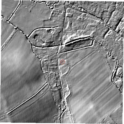Shaded relief map of the ground around OX447QU, computed from Environment Agency LiDAR. The ground here sits at about 64 m above sea level and falls 14 m across the surrounding 800 m. Surface water reaching this point runs off ground lying to the south-west, 12.2 m higher.