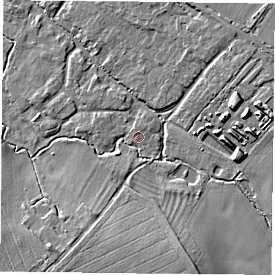 Shaded relief map of the ground around OX447RG, computed from Environment Agency LiDAR. The ground here sits at about 68 m above sea level and falls 12 m across the surrounding 800 m. Surface water reaching this point runs off ground lying to the south-south-east, 7.8 m higher.