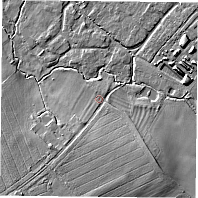 Shaded relief map of the ground around OX447RQ, computed from Environment Agency LiDAR. The ground here sits at about 69 m above sea level and falls 12 m across the surrounding 800 m. Surface water reaching this point runs off ground lying to the south-east, 6.3 m higher.