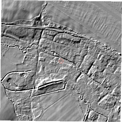 Shaded relief map of the ground around OX447SR, computed from Environment Agency LiDAR. The ground here sits at about 64 m above sea level and falls 11 m across the surrounding 800 m. Surface water reaching this point runs off ground lying to the east, 8.9 m higher.