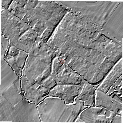 Shaded relief map of the ground around OX447ST, computed from Environment Agency LiDAR. The ground here sits at about 66 m above sea level and falls 10 m across the surrounding 800 m. Surface water reaching this point runs off ground lying to the east-north-east, 8.6 m higher.