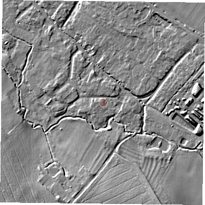Shaded relief map of the ground around OX447TB, computed from Environment Agency LiDAR. The ground here sits at about 68 m above sea level and falls 13 m across the surrounding 800 m. Surface water reaching this point runs off ground lying to the west, 1.3 m higher.