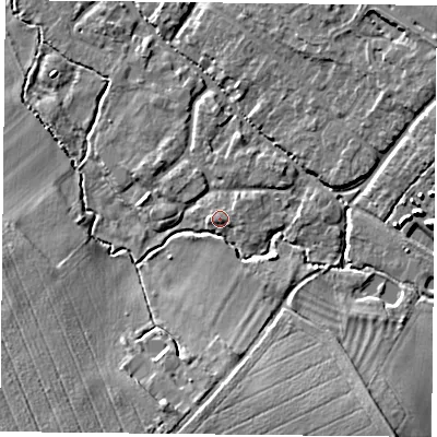 Shaded relief map of the ground around OX447TL, computed from Environment Agency LiDAR. The ground here sits at about 68 m above sea level and falls 10 m across the surrounding 800 m. Surface water reaching this point runs off ground lying to the east-south-east, 0.8 m higher.