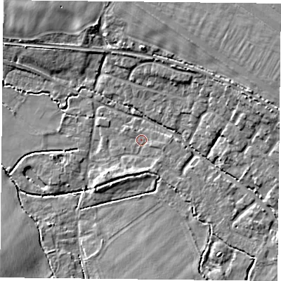 Shaded relief map of the ground around OX447TN, computed from Environment Agency LiDAR. The ground here sits at about 65 m above sea level and falls 9 m across the surrounding 800 m. Surface water reaching this point runs off ground lying to the south, 2.0 m higher.
