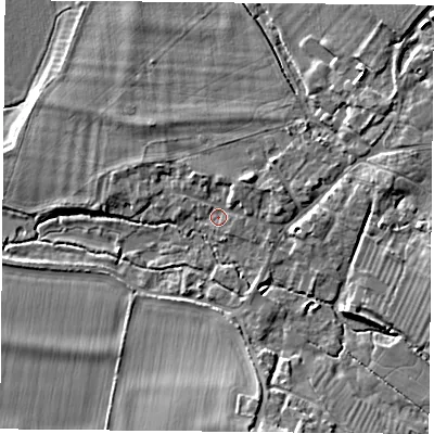Shaded relief map of the ground around OX447TS, computed from Environment Agency LiDAR. The ground here sits at about 53 m above sea level and falls 10 m across the surrounding 800 m. Surface water reaching this point runs off ground lying to the north-east, 2.4 m higher.