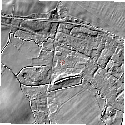 Shaded relief map of the ground around OX447TW, computed from Environment Agency LiDAR. The ground here sits at about 64 m above sea level and falls 10 m across the surrounding 800 m. Surface water reaching this point runs off ground lying to the south-south-east, 2.3 m higher.
