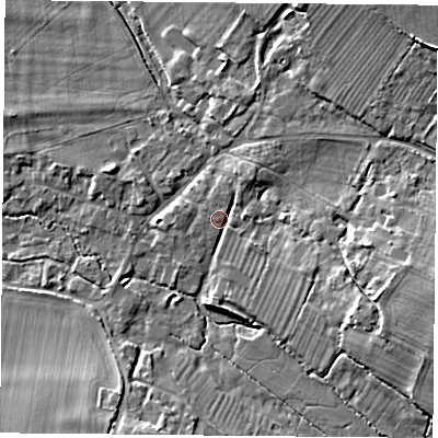 Shaded relief map of the ground around OX447UP, computed from Environment Agency LiDAR. The ground here sits at about 55 m above sea level and falls 12 m across the surrounding 800 m. Surface water reaching this point runs off ground lying to the north-east, 2.8 m higher.