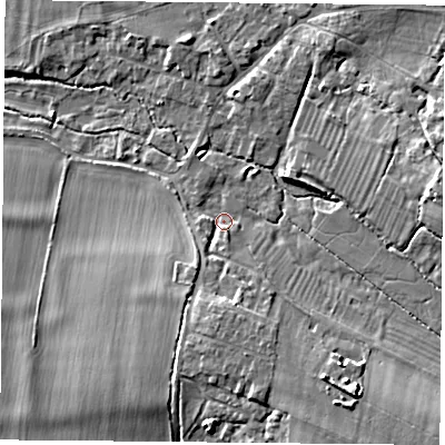 Shaded relief map of the ground around OX447UR, computed from Environment Agency LiDAR. The ground here sits at about 54 m above sea level and falls 11 m across the surrounding 800 m. Surface water reaching this point runs off ground lying to the south-east, 9.7 m higher.