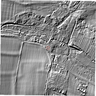 Shaded relief map of the ground around OX447UU, computed from Environment Agency LiDAR. The ground here sits at about 54 m above sea level and falls 11 m across the surrounding 800 m. Surface water reaching this point runs off ground lying to the south, 1.1 m higher.
