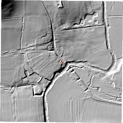 Shaded relief map of the ground around OX447UY, computed from Environment Agency LiDAR. The ground here sits at about 53 m above sea level and falls 32 m across the surrounding 800 m. Surface water reaching this point runs off ground lying to the north-north-west, 15.6 m higher.