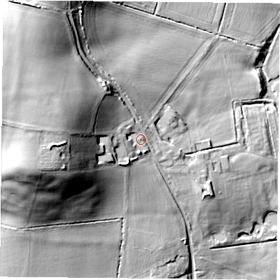 Shaded relief map of the ground around OX447XF, computed from Environment Agency LiDAR. The ground here sits at about 67 m above sea level and falls 39 m across the surrounding 800 m. Surface water reaching this point runs off ground lying to the west, 23.3 m higher.