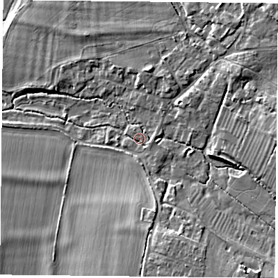 Shaded relief map of the ground around OX447XR, computed from Environment Agency LiDAR. The ground here sits at about 53 m above sea level and falls 10 m across the surrounding 800 m. Surface water reaching this point runs off ground lying to the east-south-east, 1.4 m higher.
