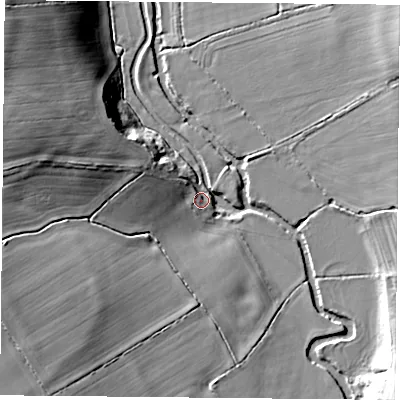 Shaded relief map of the ground around OX449HQ, computed from Environment Agency LiDAR. The ground here sits at about 56 m above sea level and falls 23 m across the surrounding 800 m. Surface water reaching this point runs off ground lying to the west-north-west, 5.7 m higher.