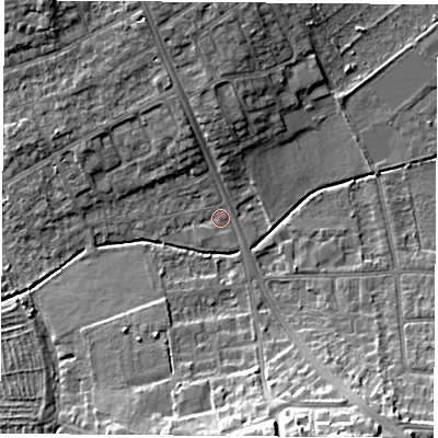 Shaded relief map of the ground around OX44AT, computed from Environment Agency LiDAR. The ground here sits at about 57 m above sea level and falls 15 m across the surrounding 800 m. Surface water reaching this point runs off ground lying to the south-south-east, 14.6 m higher.