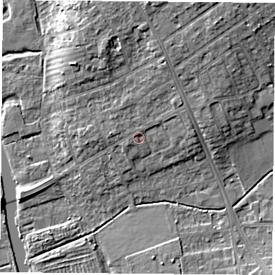 Shaded relief map of the ground around OX44AZ, computed from Environment Agency LiDAR. The ground here sits at about 59 m above sea level and falls 10 m across the surrounding 800 m. Surface water reaching this point runs off ground lying to the north-east, 1.6 m higher.