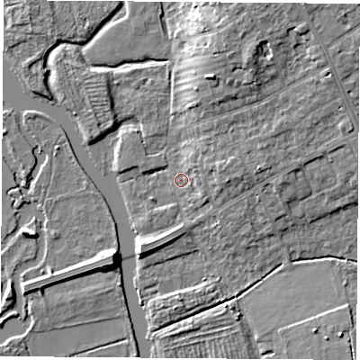 Shaded relief map of the ground around OX44BJ, computed from Environment Agency LiDAR. The ground here sits at about 56 m above sea level and falls 11 m across the surrounding 800 m. Surface water reaching this point runs off ground lying to the east-north-east, 3.5 m higher.