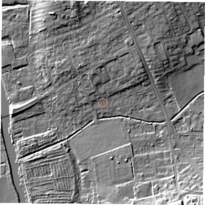 Shaded relief map of the ground around OX44BT, computed from Environment Agency LiDAR. The ground here sits at about 57 m above sea level and falls 16 m across the surrounding 800 m. Surface water reaching this point runs off ground lying to the north-north-east, 5.2 m higher.