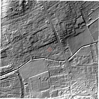 Shaded relief map of the ground around OX44BU, computed from Environment Agency LiDAR. The ground here sits at about 57 m above sea level and falls 13 m across the surrounding 800 m. Surface water reaching this point runs off ground lying to the north, 5.1 m higher.