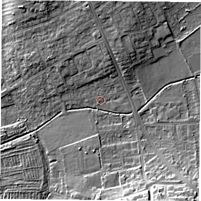Shaded relief map of the ground around OX44BX, computed from Environment Agency LiDAR. The ground here sits at about 57 m above sea level and falls 16 m across the surrounding 800 m. Surface water reaching this point runs off ground lying to the south-east, 15.2 m higher.