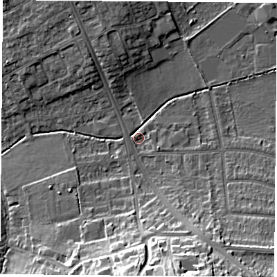 Shaded relief map of the ground around OX44DH, computed from Environment Agency LiDAR. The ground here sits at about 57 m above sea level and falls 21 m across the surrounding 800 m. Surface water reaching this point runs off ground lying to the south-south-east, 19.8 m higher.