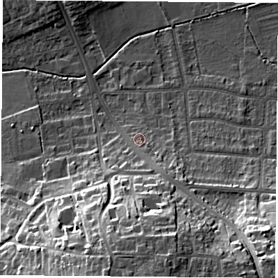 Shaded relief map of the ground around OX44DJ, computed from Environment Agency LiDAR. The ground here sits at about 60 m above sea level and falls 25 m across the surrounding 800 m. Surface water reaching this point runs off ground lying to the south-south-east, 3.3 m higher.